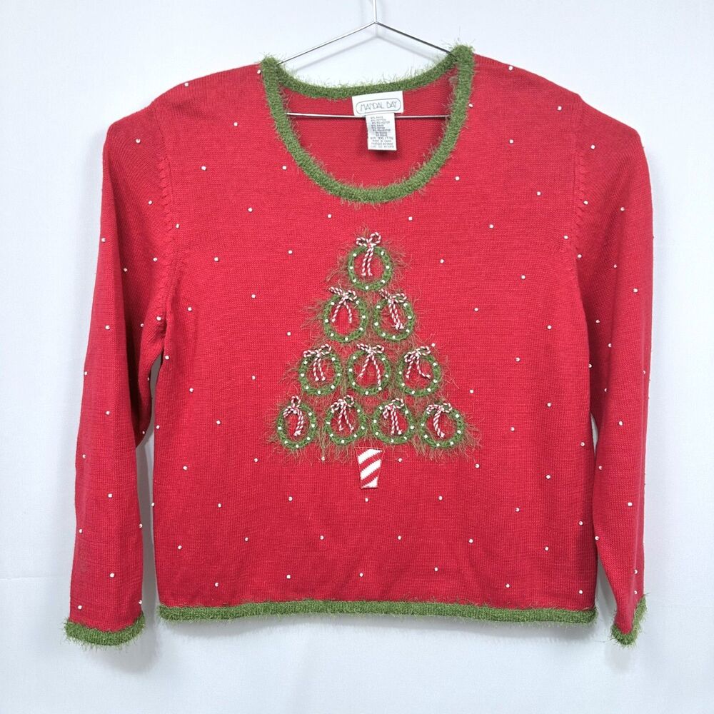 MANDAL BAY Christmas Tree Sweater Wreath Beaded Pink Bling Womens Size XXL EUC